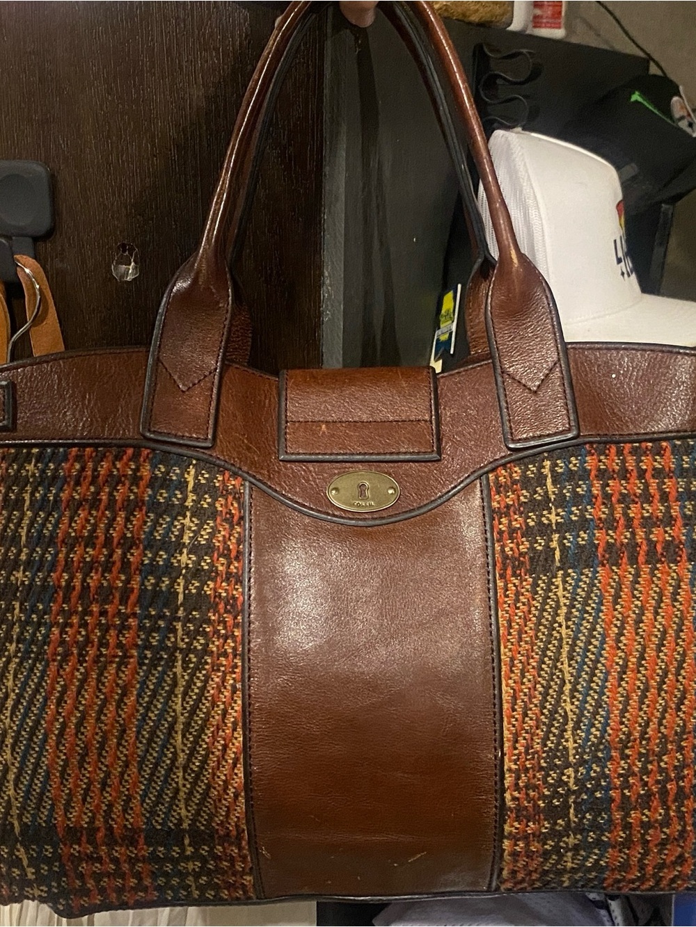 FOSSIL vintage reissue weekender XL leather plaid tote travel bag - Picture 3 of 10